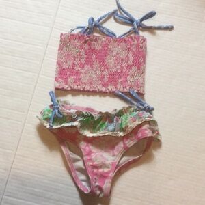 Two-Piece Girls Pink Floral Ruffle Swimsuit